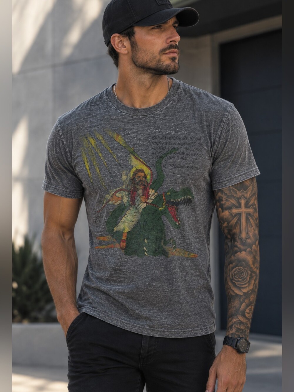 Mens Short Sleeve Tee with Colorful  Graphic Depicting  Jesus Ridin a Dinosaur